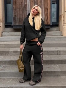 Muchica Letter Print Black Hoodie & Sweatpants Sports Set - Black - View 3