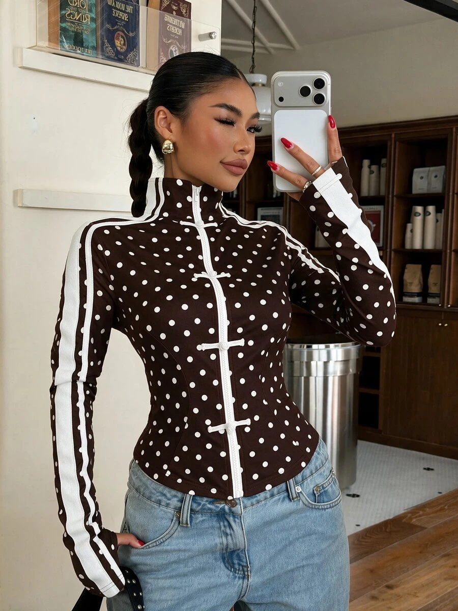 Muchica 女款波點拼色休閒百搭日常旅行長袖外套 - 巧克力棕 - 查看 1