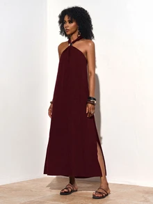 Zivah Women's Solid Color Halter Neck Long Dress For Vacation And Casual Wear - Rose Red - View 8