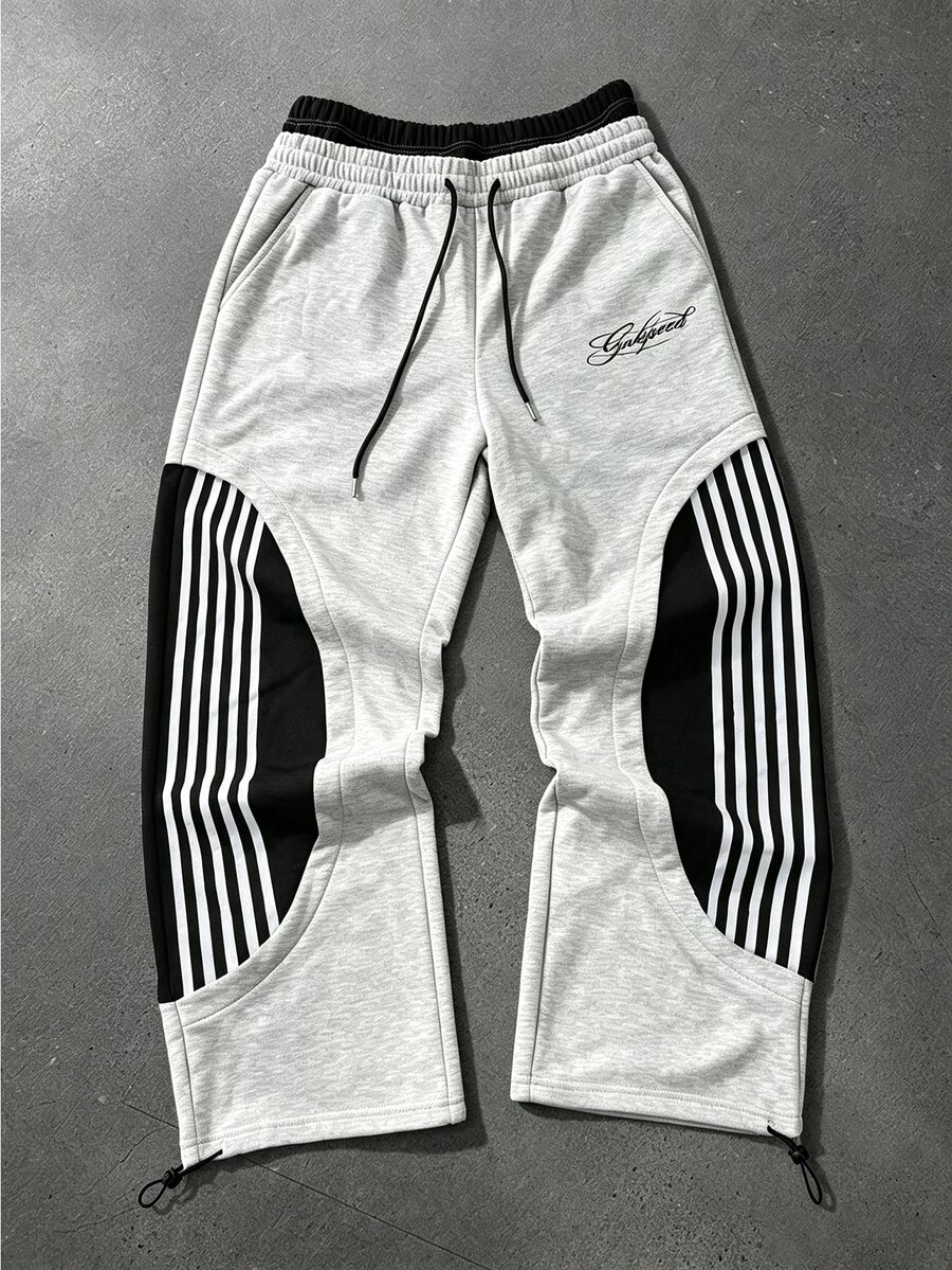 ROMWE MEN Pantalones de chándal para hombre con estampado de rayas con letras y cintura con cordón - Gris - Ver 1