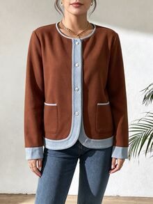 SHEIN Raffinéa Women's Autumn/Winter Fashion Commuter Round Neck Solid Color Patchwork Effect Long Sleeve Jacket, Suitable For Daily Wear, Elegant And Sophisticated - Brown - View 5