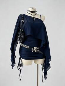 Sunspun Set 2 Potong Atasan Transparan dan Gaun Cami Ketat dengan Tali Serut untuk Musim Semi/Panas Ukuran Besar - Navy Blue - View 6