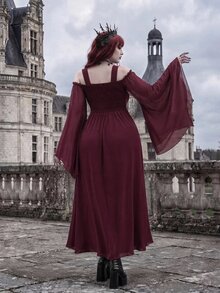 Whyspr Goth Plus Size Halloween Burgundy Patchwork Asymmetrical Hem Witch Camisole Tie-Up Dress - Multicolor - View 2