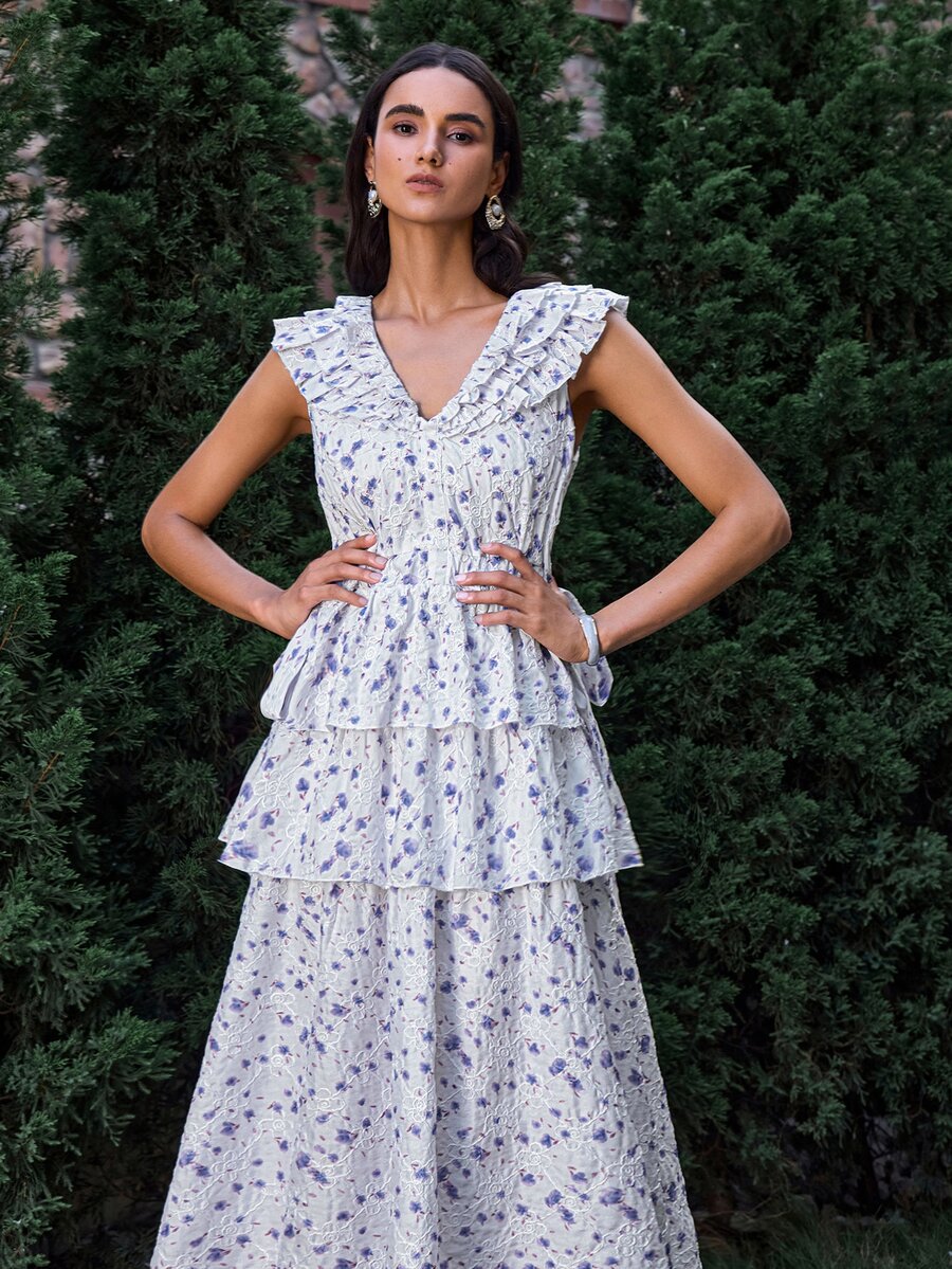 VOLUPTÉ CURVE Women's Embroidered Floral Print Ruffle Trim Dress - Multicolor - View 1