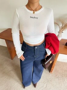 Betty Boop x DAZY Curve Letter Print Versatile Skin-Tone Mesh White Base Layer T-Shirt, Spring/Autumn New Style - Beige - View 7