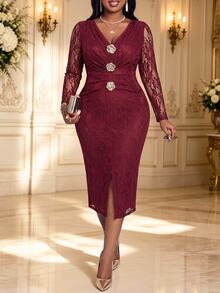 Fleurora Plus Size Women's V-Neck Lace Metallic Floral Decor Slit Design Party Dress - Burgundy - View 1