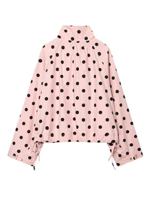 Pariaura Soft Pink Black Polka Dot Stand Collar Tie Waist Short Loose Long Sleeve Shacket - Multicolor - View 7