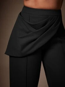 Vixey High Waist Draped Pleated Sash Seam Detail Barrel Leg Pants - Black - View 3