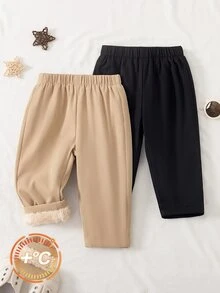 Baby Boys Minimalist Solid Color Thin Fleece Lined Casual Long Pants, Unisex Loose Straight Leg Pants With Soft Fleece Lining, Comfortable Basic Style - Multicolor - View 6