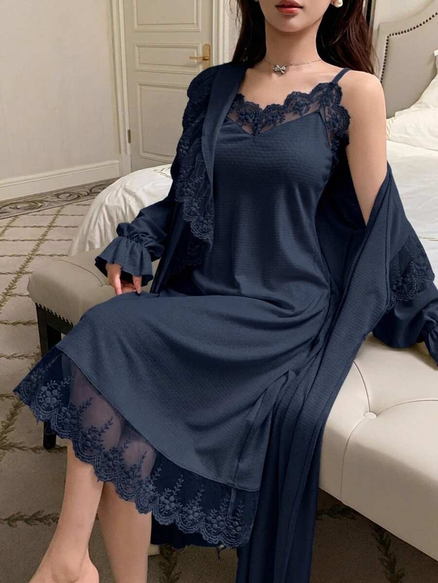 DAZY Autumn/Winter Lace Patchwork Long Robe & Camisole Nightgown Sleepwear Set For Women - Navy Blue - View 1