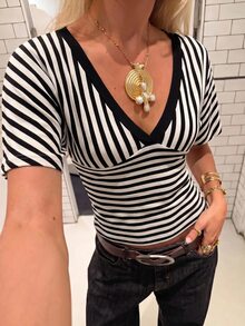 SHEIN EZwear 女款深V領條紋拼接配色休閒日常T恤 - 棕色 - 查看 5