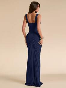 SHEIN BAE Spring/Summer Solid Sage Green Women's Strapless Ruched Fitted High Slit Ruched Maxi Mesh Dress, Tight Elegant Dress, Flowy Dress, Suitable For Vacation, Beach, Bridesmaid, Wedding, Spring/Summer Wear - Navy Blue - View 2