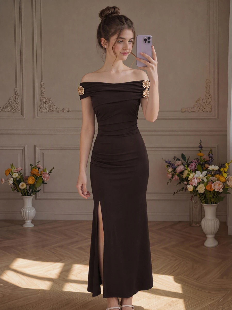 SHEIN Teen Girl Metal 3D Flower Decor Off-Shoulder Mermaid Hem Elegant Formal Dress - Brown - View 1