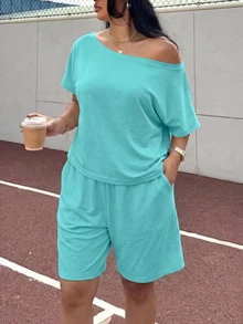 Muchica Conjunto de 2 piezas de top con cuello asimétrico y shorts de unicolor casual de verano para talla grande - Agua verde azul - Ver 1