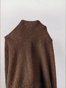SHEIN 新款春夏秋冬亮片針織斜裁V領上衣 女款落肩七分袖收口上衣 - 棕色 - 查看 9