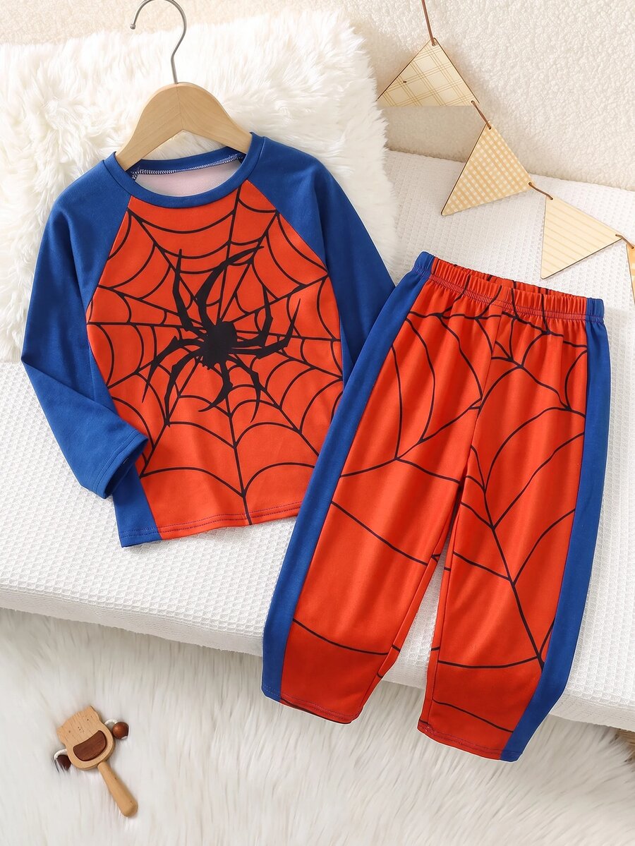 SHEIN Kids Young Boy Cartoon Penguin Pattern Colorblock Raglan Sleeve T-Shirt And Plaid Pattern Long Pants Casual Comfortable Loungewear Pajama Set 2pcs - Multicolor - View 1