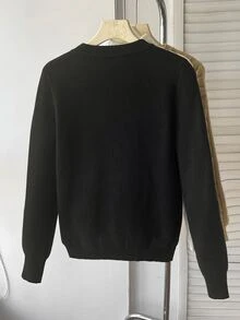 SHEIN 青少年女孩秋冬修身保暖內裡圓領長袖針織毛衣，適合日常通勤穿著 - 黑色 - 查看 5