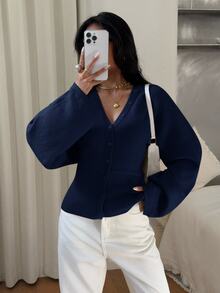 Siren Gaze Women's Solid Color Button Fitted Waist Knit Cardigan, Casual Everyday Wear, Autumn/Winter - Navy Blue - View 3