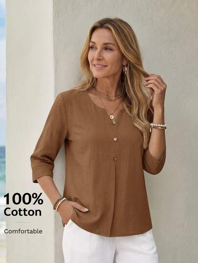 Faunlyn Women's Minimalist Casual Notch V-Neck Button Shirt