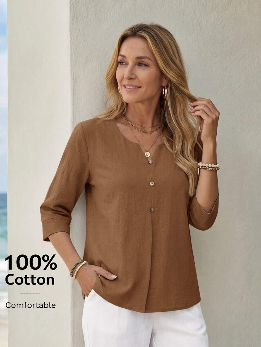 Faunlyn Women's Minimalist Casual Notch V-Neck Button Shirt Brunch Shades Of Brown Summer Teachers' Day Brunch - Brown - View 1