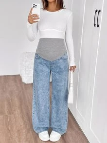 SHEIN 孕婦拼接色休閒日常穿著牛仔寬腿褲 - 藍色 - 查看 2