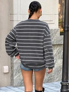 Muchica 女款條紋休閒百搭日常穿著長袖衛衣 - 淺灰色 - 查看 2