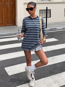Muchica 女款夏季新款棕色針織條紋寬鬆短袖T恤 - 藏蓝色 - 查看 6