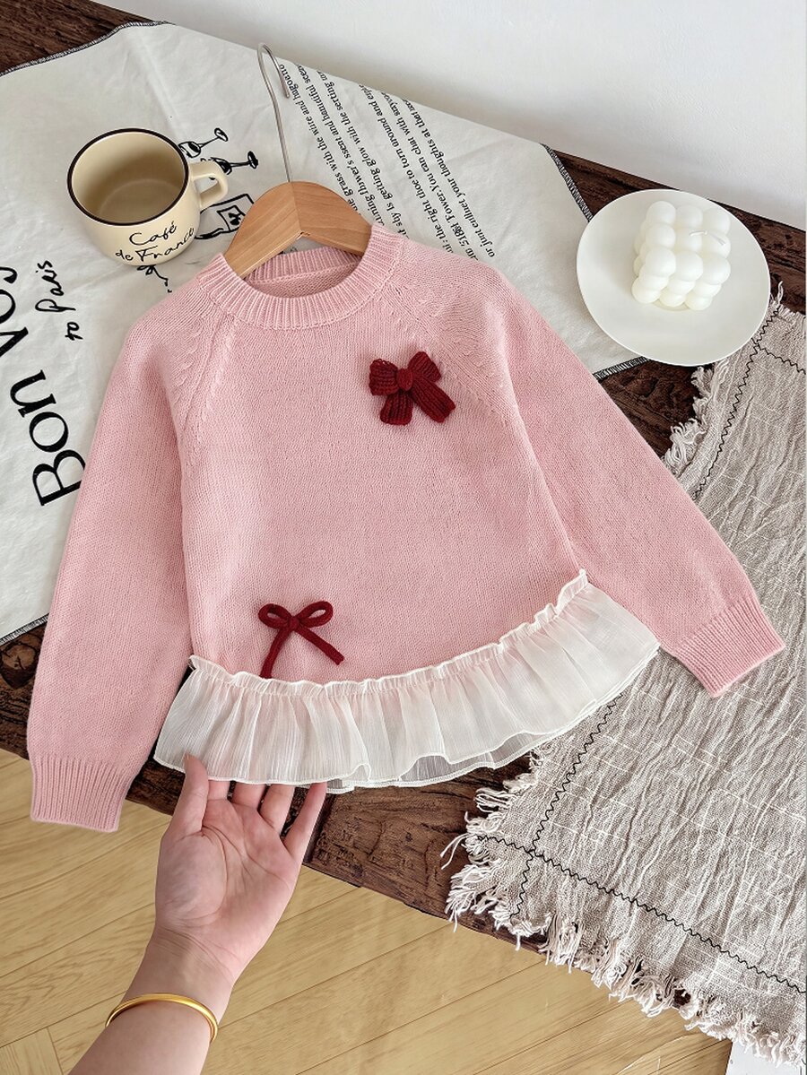 SHEIN Girls' Back To School Autumn/Winter Beige Sweet Sweater With Silk ...