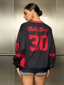 Betty Boop x SHEIN Sudadera de manga larga casual de uso diario con estampado de letras y dibujos animados para mujer - Negro - Ver 2