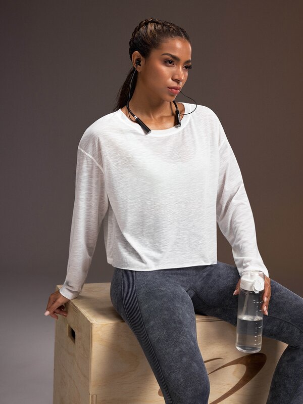 Powerista Women's White Loose Long Sleeve Spring/Autumn Sports T-Shirt