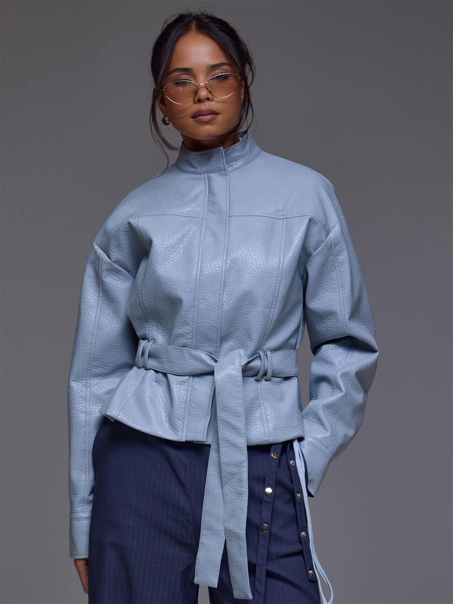 MUSERA Chaqueta de cuero PU con cuello de embudo, mangas de barril y cintura con lazo, para invierno y otoño, casual de uso diario y para salir, estilo cool Weekdaze - Crema - Ver 1