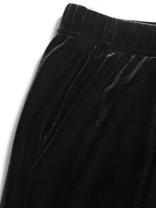SHEIN Tween女孩秋冬休閒優雅針織天鵝絨黑色連帽拉鍊刺繡貼布口袋長袖修身夾克與長褲2件套 - 黑色 - 查看 6