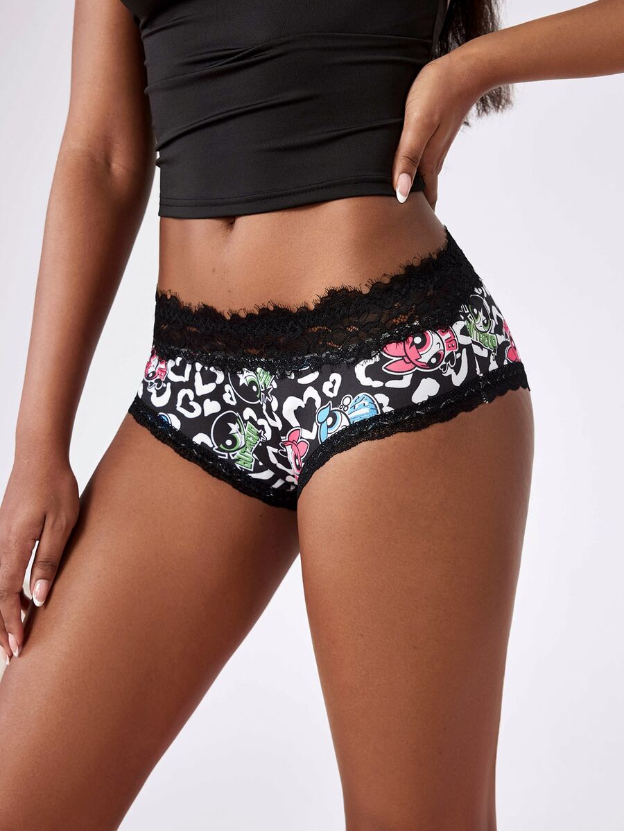 THE POWERPUFF GIRLS X SHEIN Sexiga vardagstrosor i triangelmodell med spets och patchwork för kvinnor - Svart och Vitt - Visa 1