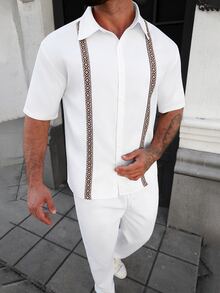 Manfinity CasualCool 男士大尺碼幾何印花襯衫與長褲休閒套裝 - 白色 - 查看 8