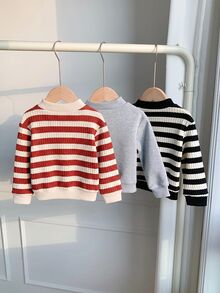 SHEIN 兒童 3件組小男孩秋冬休閒條紋圓領衛衣套裝 嬰兒男童冬季衣著 嬰兒冬季衣物 中性嬰兒服飾 - 彩色 - 查看 2