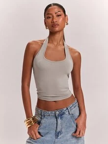 SHEIN BAE 女款針織純色淺灰色休閒通勤掛脖露背打結性感實用背心 T-shirt 寬鬆款，適合夜晚外出、夜店、夏季 - 灰色 - 查看 5