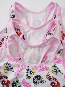 THE POWERPUFF GIRLS X SHEIN Tween Girl Letter Cartoon Print Casual Daily Tank Top - Pink - View 4