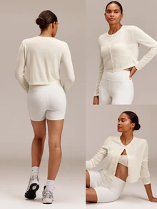 GLOWMODE Wool Blend Big Softie Cropped Knit Cardigan With Button Placket & Tonal Logo Embroidery Daily Casual Wear - White - View 7