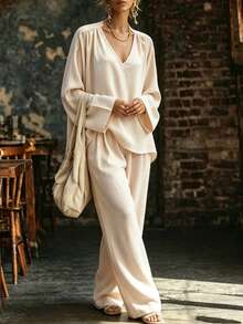 SHEIN 2pcs/Set Smooth Glossy Fabric Deep V-Neck Shoulder Gathered Loose 7-Point Wide Sleeve Cropped Top With Matching High-Waist Draped Floor-Length Wide-Leg Pants - Apricot - View 5