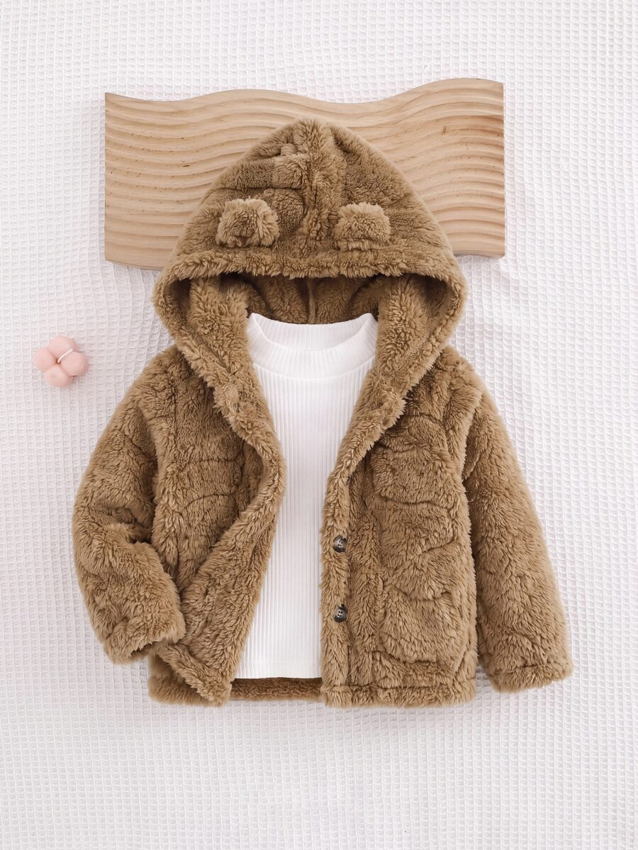 SHEIN Babygirl Fluffy Cute Khaki Hooded Jacket, Versatile Autumn/Winter Style - Khaki - View 1