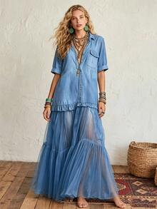 Linhara Plus Size Women Sky Blue Denim Effect Shirt Collar Short Cuffed Sleeve Button Front Contrast Sheer Tulle Tiered Ruffle Dress Bohemian Flowy Beach - Blue - View 7