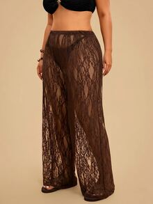 Travachic Plus Size Women's Lace Sheer Solid Color Beach Cover - Coffee Brown - View 3