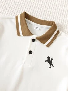 SHEIN Kids Young Boys Casual Comfortable Versatile College Style Logo, Contrast Collar Long Sleeve Top Suitable For Street Photography, Daily Wear, Summer - Multicolor - View 3