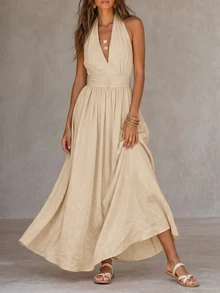 Solivie Women's Solid Color Pleated Casual Party Summer Dress - Apricot - View 4