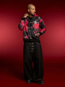 WB Horror X SHEIN Men's Letter Print Colorblock Long Sleeve Hoodie - Black - View 3