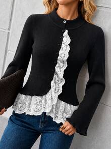 SHEIN PariChic Women's Autumn/Winter Solid Color Slim Fit Knitted Cardigan With Elegant Lace Patchwork, Open Front Sweater, Street Style Outfit - Black - View 8