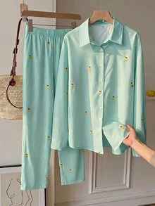 Comfortcana Women's Striped Fruit Long Sleeve Single-Breasted Casual Shirt And Pants Set - Mint Green - View 3