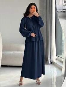 Solavon 女款秋季休閒襯衫與裙子兩件套 - 藏蓝色 - 查看 8