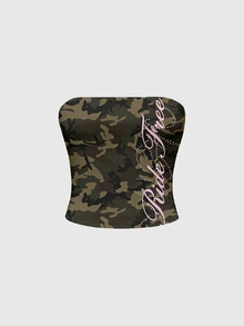 ROMWE Grunge Punk Atasan Bandeau Wanita Motif Street Punk Dark Camo dengan Slogan - Hijau - View 1