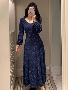DAZY 度假風小碎花細肩帶長款女式睡裙 - 藍色 - 查看 5